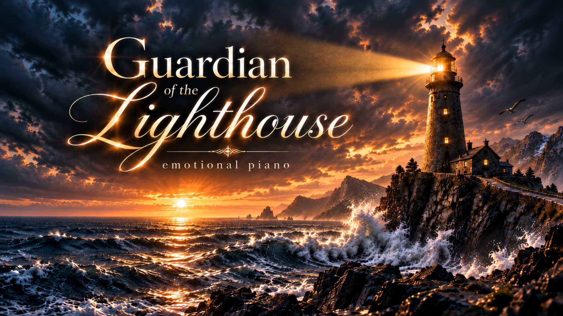 A lighthouse on a rocky coast above a stormy sea at sunset